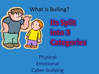 What Is Bulling? Its Split into 3 Categories Physical Emotional Cyber-bullying