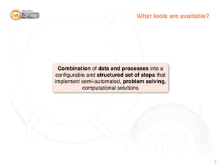 What tools are available?




 Combination of data and processes into a
conﬁgurable and structured set of steps that
imple...