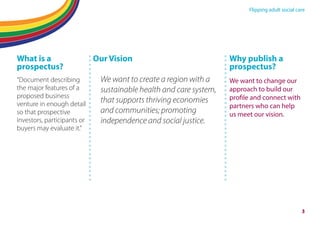 Flipping adult social care
3
What is a
prospectus?
“Document describing
the major features of a
proposed business
venture in enough detail
so that prospective
investors, participants or
buyers may evaluate it.”
Our Vision
We want to create a region with a
sustainable health and care system,
that supports thriving economies
and communities; promoting
independence and social justice.
Why publish a
prospectus?
We want to change our
approach to build our
profile and connect with
partners who can help
us meet our vision.
 