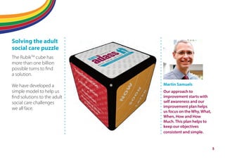 Flipping adult social care
Solving the adult
social care puzzle
The RubikTM
cube has
more than one billion
possible turns to find
a solution.
We have developed a
simple model to help us
find solutions to the adult
social care challenges
we all face.
Martin Samuels
Our approach to
improvement starts with
self awareness and our
improvement plan helps
us focus on the Why, What,
When, How and How
Much. This plan helps to
keep our objectives
consistent and simple.
5
 
