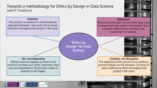 Towards a methodology for Ethics by Design in Data Science
(with P. Troullinou)
‘Ethics by
Design’ for Data
Science
Dialectic
The process is based on a conversational
approach between data and critical social
scientists throughout the project’s life-cycle.
Reﬂective
Ethical concerns are not pre-ﬁxed; they may
emanate from any stage of the project; thus,
constant reﬂexivity on activities and
researchers is needed.
Creative, not disruptive
The objective of this process is to achieve a
positive impact on the research, increase its
value addressing ethics throughout the
project’s life-cycle.
All- encompassing
Ethical concerns appear as much in the
research activities as in their outcomes, their
use and exploitation; the process needs to
expand on all stages.
 