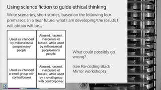 Using science ﬁction to guide ethical thinking
Write scenarios, short stories, based on the following four
premisses: In a near future, what I am developing/the results I
will obtain will be...
Used as intended
by millions/most
people/many
people
Used as intended
a small group with
control/power
Abused, hacked,
inaccurate or
biased, while used
by millions/most
people/many
people
Abused, hacked,
inaccurate or
biased, while used
by a small group
with control/power
What could possibly go
wrong?
(see Re-coding Black
Mirror workshops)
 