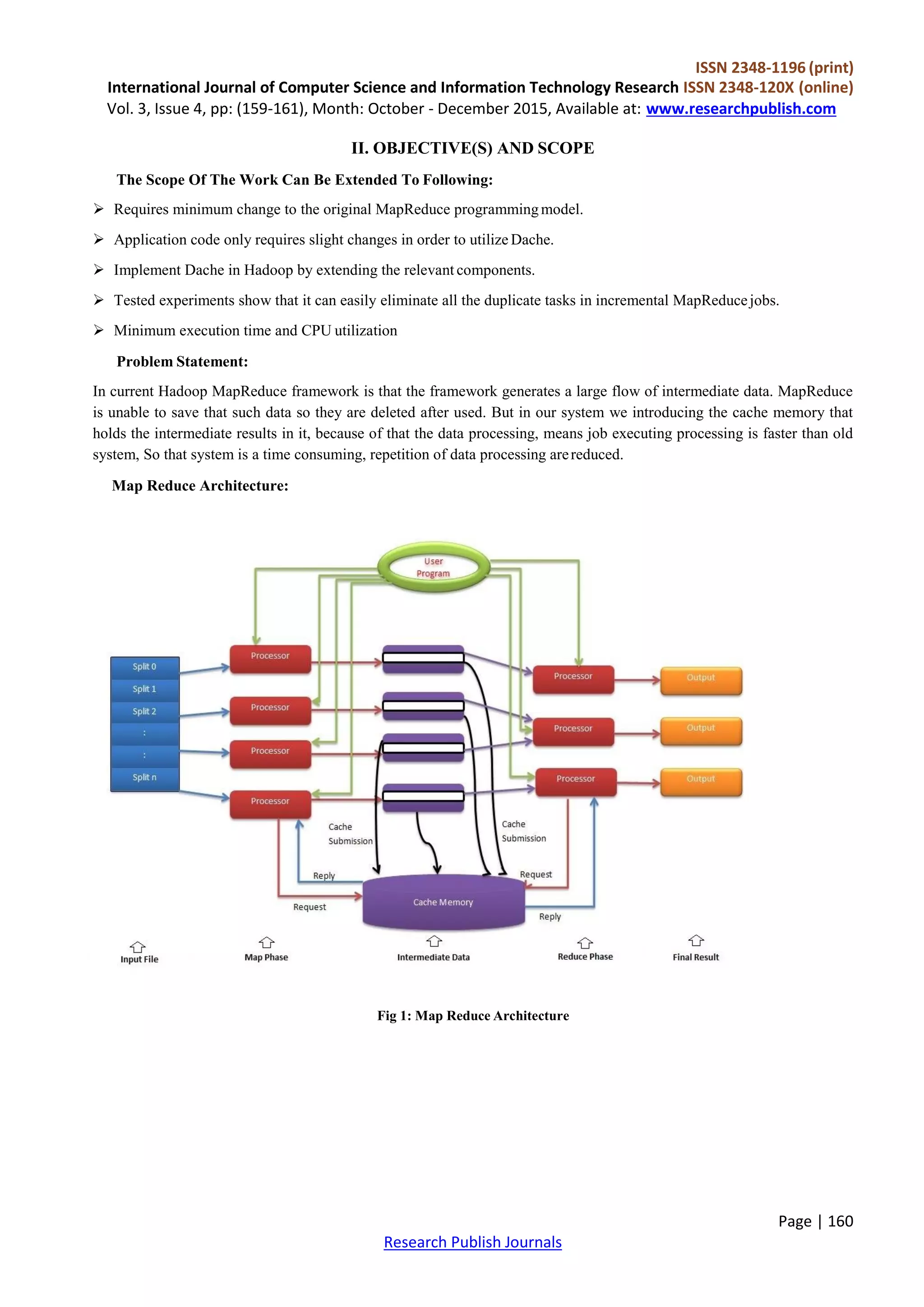 ISSN 2348-1196 (print)
International Journal of Computer Science and Information Technology Research ISSN 2348-120X (online)
Vol. 3, Issue 4, pp: (159-161), Month: October - December 2015, Available at: www.researchpublish.com
Page | 160
Research Publish Journals
II. OBJECTIVE(S) AND SCOPE
The Scope Of The Work Can Be Extended To Following:
 Requires minimum change to the original MapReduce programmingmodel.
 Application code only requires slight changes in order to utilize Dache.
 Implement Dache in Hadoop by extending the relevant components.
 Tested experiments show that it can easily eliminate all the duplicate tasks in incremental MapReducejobs.
 Minimum execution time and CPU utilization
Problem Statement:
In current Hadoop MapReduce framework is that the framework generates a large flow of intermediate data. MapReduce
is unable to save that such data so they are deleted after used. But in our system we introducing the cache memory that
holds the intermediate results in it, because of that the data processing, means job executing processing is faster than old
system, So that system is a time consuming, repetition of data processing arereduced.
Map Reduce Architecture:
Fig 1: Map Reduce Architecture
 