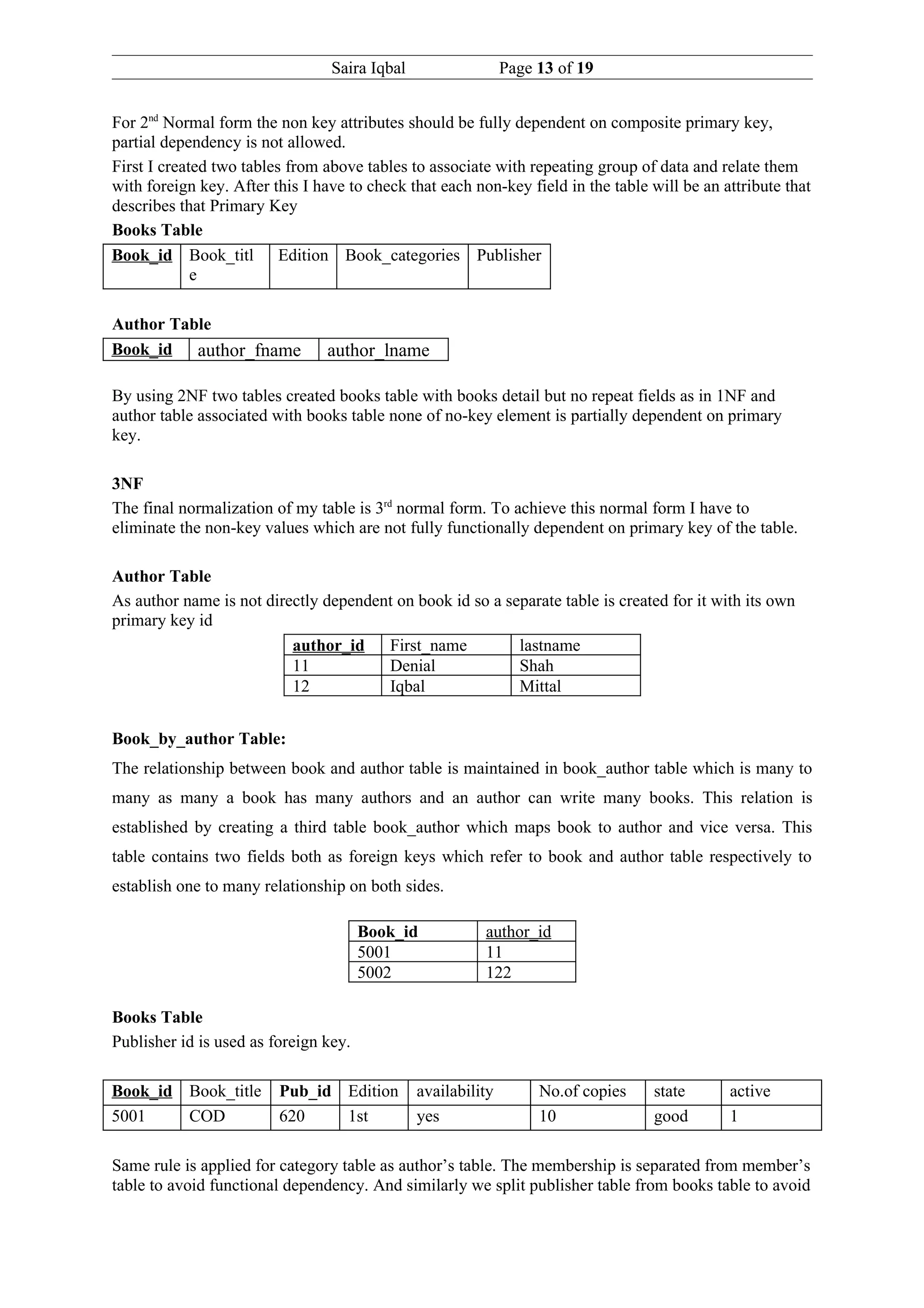 Saira Iqbal                  Page 13 of 19


For 2nd Normal form the non key attributes should be fully dependent on composite primary key,
partial dependency is not allowed.
First I created two tables from above tables to associate with repeating group of data and relate them
with foreign key. After this I have to check that each non-key field in the table will be an attribute that
describes that Primary Key
Books Table
Book_id Book_titl Edition Book_categories Publisher
             e

Author Table
Book_id author_fname             author_lname

By using 2NF two tables created books table with books detail but no repeat fields as in 1NF and
author table associated with books table none of no-key element is partially dependent on primary
key.

3NF
The final normalization of my table is 3rd normal form. To achieve this normal form I have to
eliminate the non-key values which are not fully functionally dependent on primary key of the table.

Author Table
As author name is not directly dependent on book id so a separate table is created for it with its own
primary key id
                          author_id First_name             lastname
                          11           Denial              Shah
                          12           Iqbal               Mittal


Book_by_author Table:
The relationship between book and author table is maintained in book_author table which is many to
many as many a book has many authors and an author can write many books. This relation is
established by creating a third table book_author which maps book to author and vice versa. This
table contains two fields both as foreign keys which refer to book and author table respectively to
establish one to many relationship on both sides.

                                       Book_id           author_id
                                       5001              11
                                       5002              122

Books Table
Publisher id is used as foreign key.

Book_id Book_title       Pub_id Edition        availability        No.of copies   state       active
5001    COD              620    1st            yes                 10             good        1

Same rule is applied for category table as author’s table. The membership is separated from member’s
table to avoid functional dependency. And similarly we split publisher table from books table to avoid
 