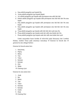 a.   Inaq adalah panggilan ego kepada Ibu
   b.   Amaq adalah panggilan ego kepada Bapak
   c.   Ari adalah panggilan ego kepada adik perempuan atau adik laki-laki
   d.   Kakak adalah panggilan ego kepada adik perempuan atau laki-laki dari ibu atau
        bapak
   e.   Oaq adalah panggilan ego kepada adik perempuan atau laki-laki dari ibu atau
        bapak
   f.   Saiq adalah panggilan ego kepada adik perempuan atau laki-laki dari ibu atau
        bapak
   g.   Tuaq adalah panggilan ego kepada adik laki-laki dari ayah atau ibu
   h.   Pisaq adalah panggilan ego kepada anak dari adik atau kakak dari ibu
   i.   Pusaq adalah panggilan ego kepada anak dari adik atau kakak dari ayah

       Untuk masyarakat kaum kerabat di tolot-tolot pada khususnya dari Lombok
Selatan, lombok Timur pada umumnya mencakup 10 Generasi ke bawah dan 10
generasi ke atas sebagai berikut :

Generasi ke bawah antara lain :

   1. Inaq/amaq
   2. Papuq
   3. Baloq
   4. Tate
   5. Toker
   6. Keletuk
   7. Keletak
   8. Ebit
   9. Mbak
   10. Gantung siyur

Generasi ke atas antara lain :

   1. Anak
   2. Bai
   3. Balok
   4. Tate
   5. Toker
   6. Keletuk
   7. Keletak
   8. Embit
   9. Ebak
   10. Gantung Siur
 