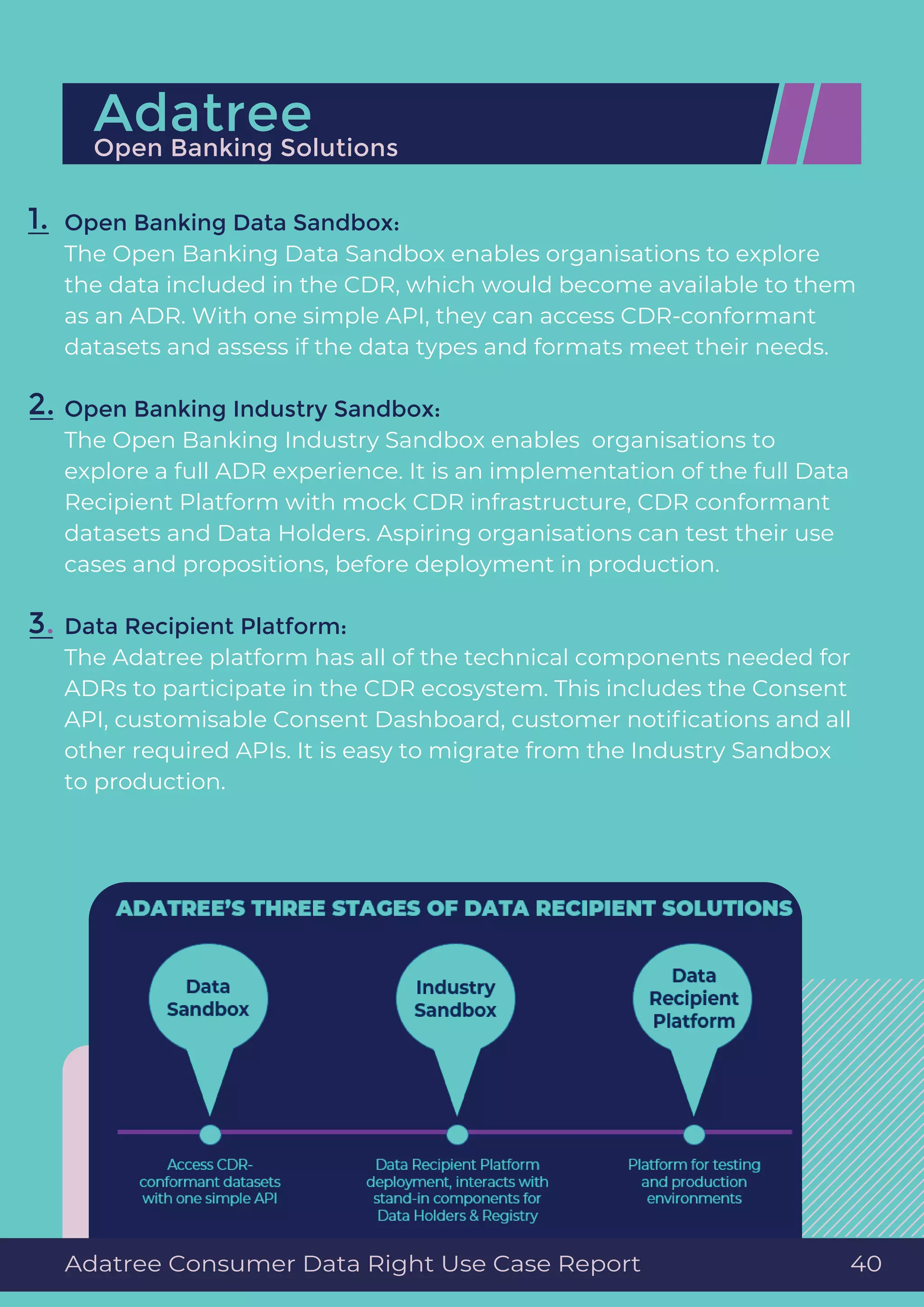 Open Banking Data Sandbox:
The Open Banking Data Sandbox enables organisations to explore
the data included in the CDR, which would become available to them
as an ADR. With one simple API, they can access CDR-conformant
datasets and assess if the data types and formats meet their needs.
Open Banking Industry Sandbox:
The Open Banking Industry Sandbox enables organisations to
explore a full ADR experience. It is an implementation of the full Data
Recipient Platform with mock CDR infrastructure, CDR conformant
datasets and Data Holders. Aspiring organisations can test their use
cases and propositions, before deployment in production.
Data Recipient Platform:
The Adatree platform has all of the technical components needed for
ADRs to participate in the CDR ecosystem. This includes the Consent
API, customisable Consent Dashboard, customer notiﬁcations and all
other required APIs. It is easy to migrate from the Industry Sandbox
to production.
AdatreeOpen Banking Solutions
1.
2.
3.
Adatree Consumer Data Right Use Case Report 40
 