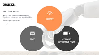COMPUTE
CHALLENGES
SPACE BATTERY LIFE
intermittent POWER
Small	form	factor	
Withstand	rugged	environments	
(weather,	vibration	and	connectivity)	
Sensor	poor	and	noise	
Low	power
 