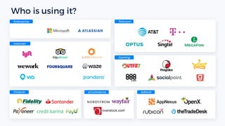 Who is using it?
Enterprise Telecom
Gaming
Internet
Fintech eCommerce Adtech
 