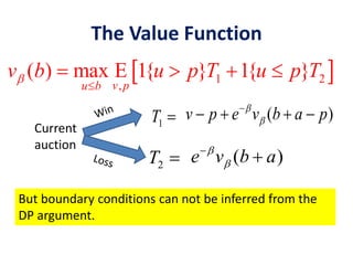 The Value Function
 1 2
,
( ) max E 1{ } 1{ }
v pu b
v b u p T u p T

   
( )v p e v b a p


   
( )e v b a



But boundary conditions can not be inferred from the
DP argument.
Current
auction
1T 
2T 
 
