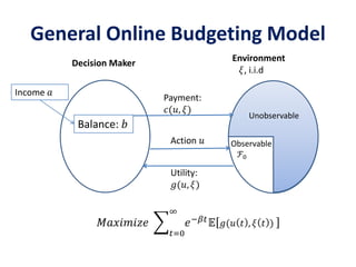 General Online Budgeting Model
Decision Maker
Environment
𝜉, i.i.d
Unobservable
Observable
ℱ0
Balance: 𝑏
Utility:
𝑔(𝑢, 𝜉)
Action 𝑢
Payment:
𝑐(𝑢, 𝜉)
Income 𝑎
𝑀𝑎𝑥𝑖𝑚𝑖𝑧𝑒
𝑡=0
∞
𝑒−𝛽𝑡 𝔼 𝑔(𝑢 𝑡 , 𝜉 𝑡 )
 