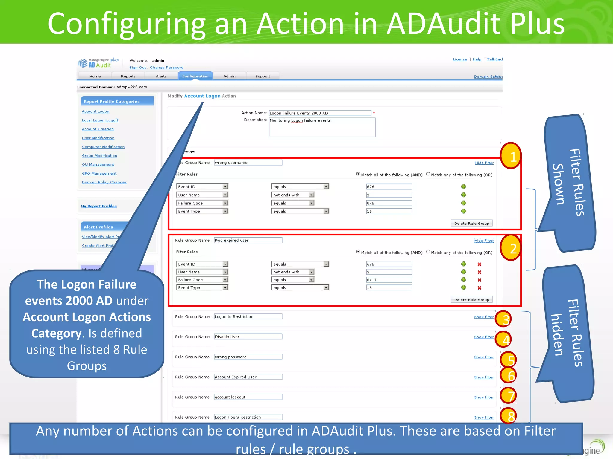 Configuring an Action in ADAudit Plus


                                                                            1




                                                                                  Filter Rules
                                                                                     Shown
                                                                            2

  The Logon Failure
events 2000 AD under




                                                                                  Filter Rules
Account Logon Actions                                                     3




                                                                                     hidden
 Category. Is defined
                                                                          4
using the listed 8 Rule
        Groups                                                             5
                                                                           6
                                                                           7
                                                                           8
  Any number of Actions can be configured in ADAudit Plus. These are based on Filter
                                rules / rule groups .
 