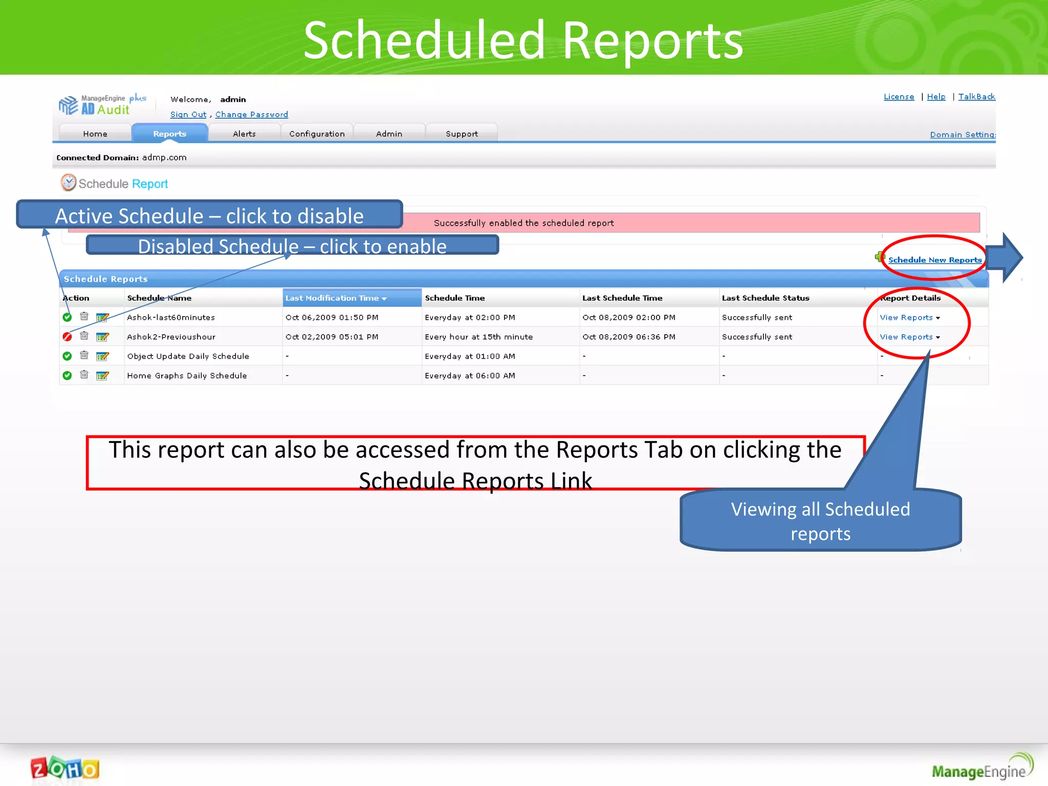 Scheduled Reports

Active Schedule – click to disable
         Disabled Schedule – click to enable




     This report can also be accessed from the Reports Tab on clicking the
                             Schedule Reports Link
                                                               Viewing all Scheduled
                                                                     reports
 