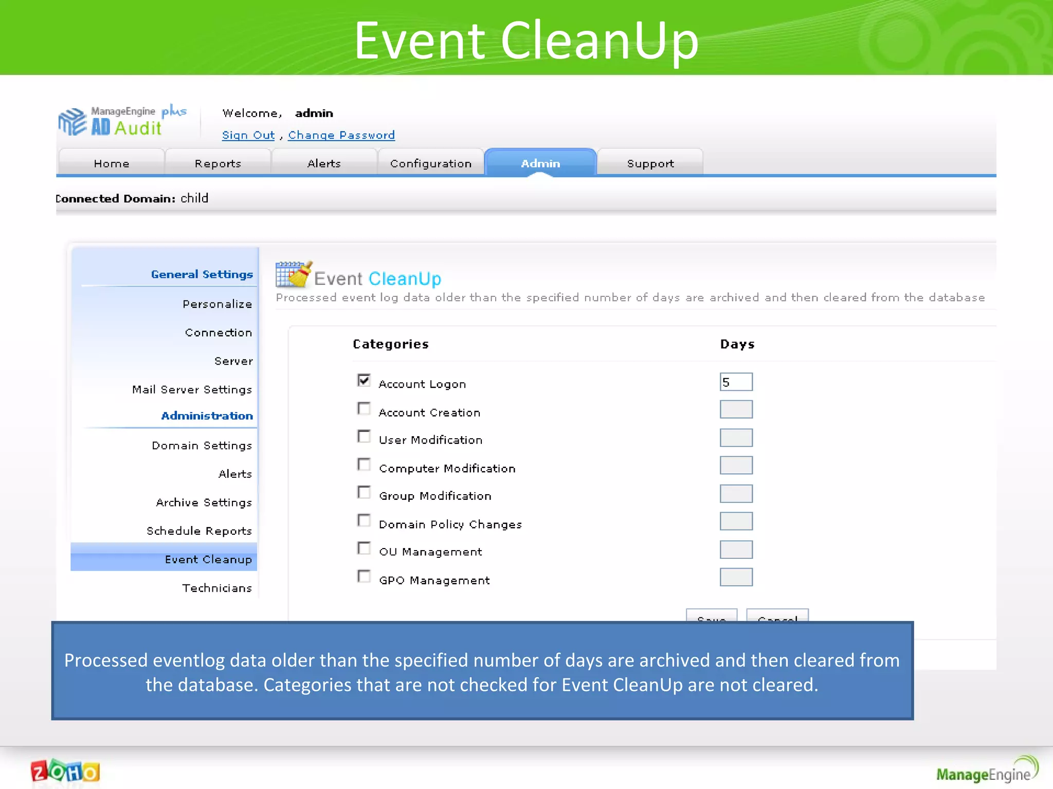 Event CleanUp




Processed eventlog data older than the specified number of days are archived and then cleared from
         the database. Categories that are not checked for Event CleanUp are not cleared.
 