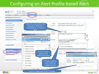 Configuring an Alert Profile based Alert
One or all report
profiles can be
added to be alerted
Provide a check to
email notify the
configured alert
Select the severity from the
drop down “Attention”,
“Troublesome” or “critical”
alert”
Custom configuration of alert message.
 