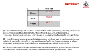 MAIO 2018
Almoço
R$ 20,81
Jantar
R$ 20,81
Pernoite
R$ 30,75
§1º - O reembolso de Despesas/Alimentação ou pernoite tem caráter indenizatório, uma vez que se destinam
a atender necessidade básica do trabalhador, não se integrando ou incorporando ao salário ou à
remuneração do empregado, podendo a empresa exigir ou não, a comprovação dos gastos correspondentes.
§2º - Entende-se como Pernoite, a permanência do empregado fora de sua base de trabalho, em decorrência
exclusiva de suas tarefas, obrigações e responsabilidades das funções por ele desempenhadas, de tal sorte
que essas circunstâncias impeçam e inviabilizem o seu retorno à sua residência, no mesmo dia.
§3º - As empresas que não concedem o auxílio-alimentação referente ao jantar, se comprometem a formular
planos e critérios para adoção desse pagamento, independentemente de ajuste em norma coletiva.
 