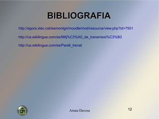 Arnau Davesa
BIBLIOGRAFIABIBLIOGRAFIA
http://agora.xtec.cat/iesmontgri/moodle/mod/resource/view.php?id=7501
http://ca.wikilingue.com/es/Mitj%C3%A0_de_transmissi%C3%B3
http://ca.wikilingue.com/es/Parell_trenat
12
 