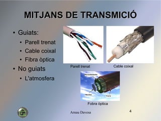 Arnau Davesa
MITJANS DE TRANSMICI?MITJANS DE TRANSMICI?
 Guiats:
 Parell trenat
 Cable coixal
 Fibra ptica
 No guiats
 L'atmosfera
Parell trenat Cable coixal
Fobra ptica
4
 