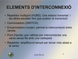 Arnau Davesa
ELEMENTS D'INTERCONNEXI?ELEMENTS D'INTERCONNEXI?
 Repetidor multiport (HUBS). Una estacio transmet i
les altres escolten fins que acaben la transmici
 Commutadors (SWITCH).
 Encaminadors (router): permet la interconnexi entre
xarxes.
 Punt d'accs: pon utilitzat per interconnectar una
xarxa sense fils amb una cablejada
 Repetidor: amplifica el senyal per donar ms abast a
la xarxa
7
 