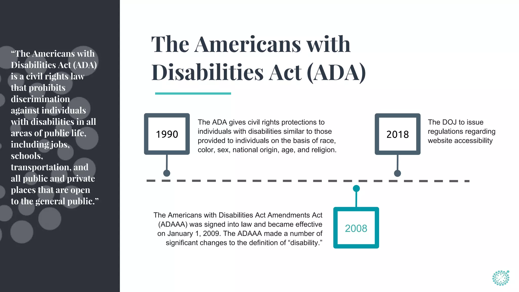 The Americans with
Disabilities Act (ADA)
1990
The ADA gives civil rights protections to
individuals with disabilities similar to those
provided to individuals on the basis of race,
color, sex, national origin, age, and religion.
2018
The Americans with Disabilities Act Amendments Act
(ADAAA) was signed into law and became effective
on January 1, 2009. The ADAAA made a number of
significant changes to the definition of “disability.”
The DOJ to issue
regulations regarding
website accessibility
2008
“The Americans with
Disabilities Act (ADA)
is a civil rights law
that prohibits
discrimination
against individuals
with disabilities in all
areas of public life,
including jobs,
schools,
transportation, and
all public and private
places that are open
to the general public.”
 