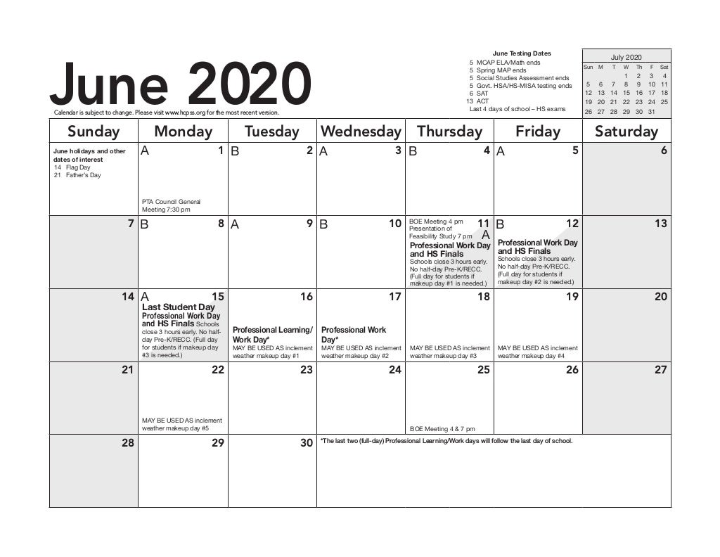 HCPSS A Day B Day Schedule 2019-20
