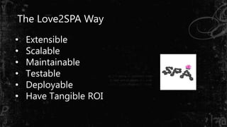 The Love2SPA Way
• Extensible
• Scalable
• Maintainable
• Testable
• Deployable
• Have Tangible ROI
 