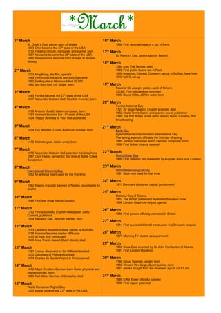 1st
March
St. David's Day, patron saint of Wales
1803 Ohio became the 37th
state of the USA
1867 Nebraska became the 38th
state of the USA
1880 Pennsylvania became first US state to abolish
slavery
2nd
March
1933 King Kong, the film, opened
1949 First round-the-world non-stop flight ever
1960 Earthquake in Morocco killed 20,000
3rd
March
1845 Florida became the 27th
state of the USA
1847 Alexander Graham Bell, Scottish inventor, born
4th
March
1678 Antonio Vivaldi, Italian composer, born
1791 Vermont became the 14th
state of the USA
1924 “Happy Birthday to You” was published
5th
March
1907 First radio broadcast of a musical composition
aired
1970 Nuclear non-proliferation treaty
6th
March
1475 Michelangelo, Italian artist, born
2007 The highest lottery jackpot ever $370m
7th
March
1876 Alexander Graham Bell patented first telephone
1897 Corn Flakes served for first time at Battle Creek
Sanatorium
8th
March
International Women's Day
1952 An artificial heart used for the first time
9th
March
1562 Kissing in public banned in Naples (punishable by
death)
1959 Barbie doll launched
10th
March
1886 First dog show held in London
1990 US performs nuclear tests at Nevada test site
11th
March
1702 First successful English newspaper, Daily
Courant, published
1904 Salvador Dalí, Spanish painter, born
12th
March
1913 Canberra became federal capital of Australia
1918 Moscow became capital of Russia
1935 30 mph limit introduced
1945 Anne Frank, Jewish Dutch diarist, died
13th
March
1781 Uranus discoverd by Sir William Herschel
1930 Discovery of Pluto announced
1974 Charles de Gaulle Airport in Paris opened
14th
March
1879 Albert Einstein, German-born Swiss physicist and
mathematician, born
15th
March
World Consumer Rights Day
16th
March
1888 First recorded sale of a car in Paris
1829 Ohio authorised high school night classes
17th
March
St. Patrick's Day, patron saint of Ireland
1977 CNN begins Spanish broadcasts
18th
March
1662 First public buses ran in Paris
1940 NATO set up
19th
March
Feast of St. Joseph, patron saint of fathers
721BC First eclipse ever recorded
20th
March
Tunicia National Day
1727 Sir Isaac Newton, English scientist, died
1852 Uncle Tom's Cabin, anti-slavery novel, published
1980 The first British pirate radio station, Radio Caroline, first
broadcasting
21st
March
Earth Day
Against Racial Discrimination International Day
The spring equinox, officially the first day of spring
1896 First British cinema opened
22nd
March
World Water Day
1895 First celluloid film presented by Auguste and Louis Lumiere
23rd
March
World Meteorological Day
1891 Goal nets used for first time
24th
March
1911 Denmark abolished capital punishment
2012 China stops taking/selling organs from executed prisoners
25th
March
National Day of Greece
1807 The British parliament abolished the slave trade
1948 London Heathrow Airport opened
26th
March
1885 First person officially cremated in Britain
27th
March
1914 First successful blood transfusion in a Brussels hospital
28th
March
1977 Morning TV started as experiment
29th
March
1886 Coca Cola invented by Dr John Pemberton of Atlanta
1981 First London Marathon
30th
March
1853 Vincent Van Gogh, Dutch painter, born
1867 Alaska bought from the Russians by US for $7.2m
31st
March
1889 Eiffel Tower officially opened
1896 First zipper patented
 