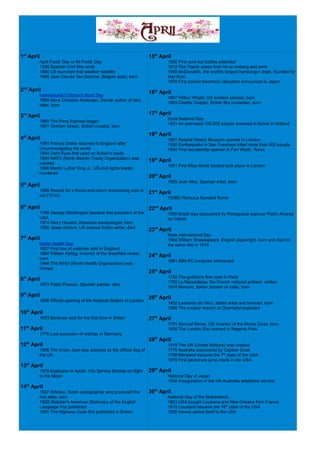 1st
April
April Fools' Day or All Fools' Day
1939 Spanish Civil War ends
1960 US launched first weather satellite
1966 Jean Claude Van Damme, Belgian actor, born
2nd
April
International Children's Book Day
1805 Hans Christian Andersen, Danish author of fairy
tales, born
3rd
April
1860 The Pony Express began
4th
April
1581 Francis Drake returned to England after
circumnavigating the world
1934 Cat's Eyes first used on Britain's roads
1949 NATO (North Atlantic Treaty Organization) was
created
1968 Martin Luther King Jr., US civil rights leader,
murdered
5th
April
1986 Record for a throw-and-return boomerang toss is
set (121m)
6th
April
1789 George Washington became first president of the
USA
1974 Harry Houdini, American escapologist, born
1992, Isaac Asimov, US science fiction writer, died
7th
April
World Health Day
1827 First box of matches sold in England
1860 William Kellog, inventor of the breakfast cereal,
born
1948 The WHO (World Health Organization) was
formed
8th
April
1973 Pablo Picasso, Spanish painter, died
9th
April
1838 Official opening of the National Gallery in London
10th
April
1633 Bananas sold for the first time in Britain
11th
April
1775 Last execution of witches in Germany
12th
April
1606 The Union Jack was adopted as the official flag of
the UK
13th
April
1970 Explosion in Apollo 13's Service Module on flight
to the Moon
14th
April
1527 Ortelius, Dutch cartographer who produced the
first atlas, born
1828 Webster's American Dictionary of the English
Language first published
1931 The Highway Code first published in Britain
15th
April
1852 First screw-top bottles patented
1912 The Titanic ocean liner hit an iceberg and sank
1955 McDonald's, the world's largest hamburger chain, founded by
Ray Kroc
1970 First pocket electronic calculator announced in Japan
16th
April
1867 Wilbur Wright, US aviation pioneer, born
1889 Charlie Chaplin, British film comedian, born
17th
April
Syria National Day
1421 An estimated 100,000 people drowned in floods in Holland
18th
April
1881 Natural History Museum opened in London
1934 First launderette openen in Fort Worth, Texas
19th
April
1951 First Miss World contest took place in London
1965 First all news radio station
1897 First Boston marathon (the oldest of the new era)
20th
April
1862 First pasteurization test by Louis Pasteur
21st
April
753BC Romulus founded Rome
22nd
April
1500 Brazil was discovered by Portuguese explorer Pedro Alvarez
de Cabral
23rd
April
Book international Day
1564 William Shakespeare, English playwright, born and died on
the same day in 1616
24th
April
1981 IBM-PC computer introduced
25th
April
1792 The guillotine first used in Paris
1792 La Marseillaise, the French national anthem, written
1874 Marconi, Italian pioneer of radio, born
26th
April
1452 Leonardo da Vinci, Italian artist and inventor, born
1986 The nuclear reactor at Chernobyl exploded
27th
April
1791 Samuel Morse, US inventor of the Morse Code, born
1828 The London Zoo opened in Regents Park
28th
April
1919 The UN (United Nations) was created
1770 Australia discovered by Captain Cook
1919 First parachute jump made in the USA
29th
April
National Day of Japan
1930 Inauguration of the UK-Australia telephone service
30th
April
National Day of the Netherlands
1803 USA bought Lousiana and New Orleans from France
1900 Hawaii ceded itself to the USA
 
