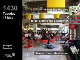 1430                                 waves his key card
Tuesday
17 May
                           to get a drink and a sandwich




Shanghai
Corporate

                              learns of next destination
17 17   Johnson Controls
 