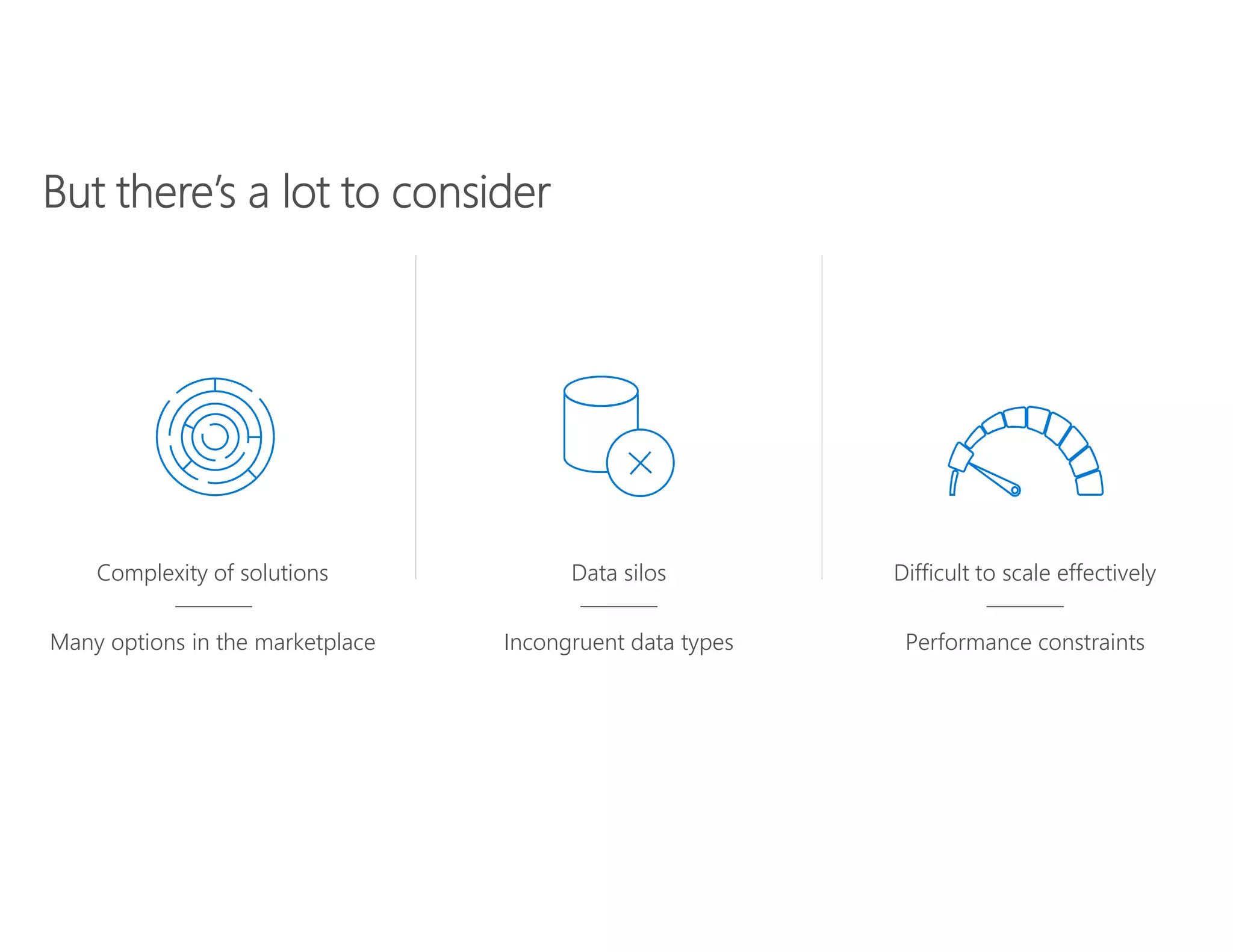 And most aren’t satisfied with their current solutions
“What it Takes to be Data-Driven: Technologies and Best Practices for Becoming a Smarter Organization”, TDWI, 2017.
Are satisfied with ease of
use of analytics software
46% 21%
Are satisfied with access to semi-
structured and unstructured data 28%
Are satisfied with ability to scale to
handle unexpected requirements
Complexity of solutions
Many options in the marketplace
Data silos
Incongruent data types
Difficult to scale effectively
Performance constraints
 