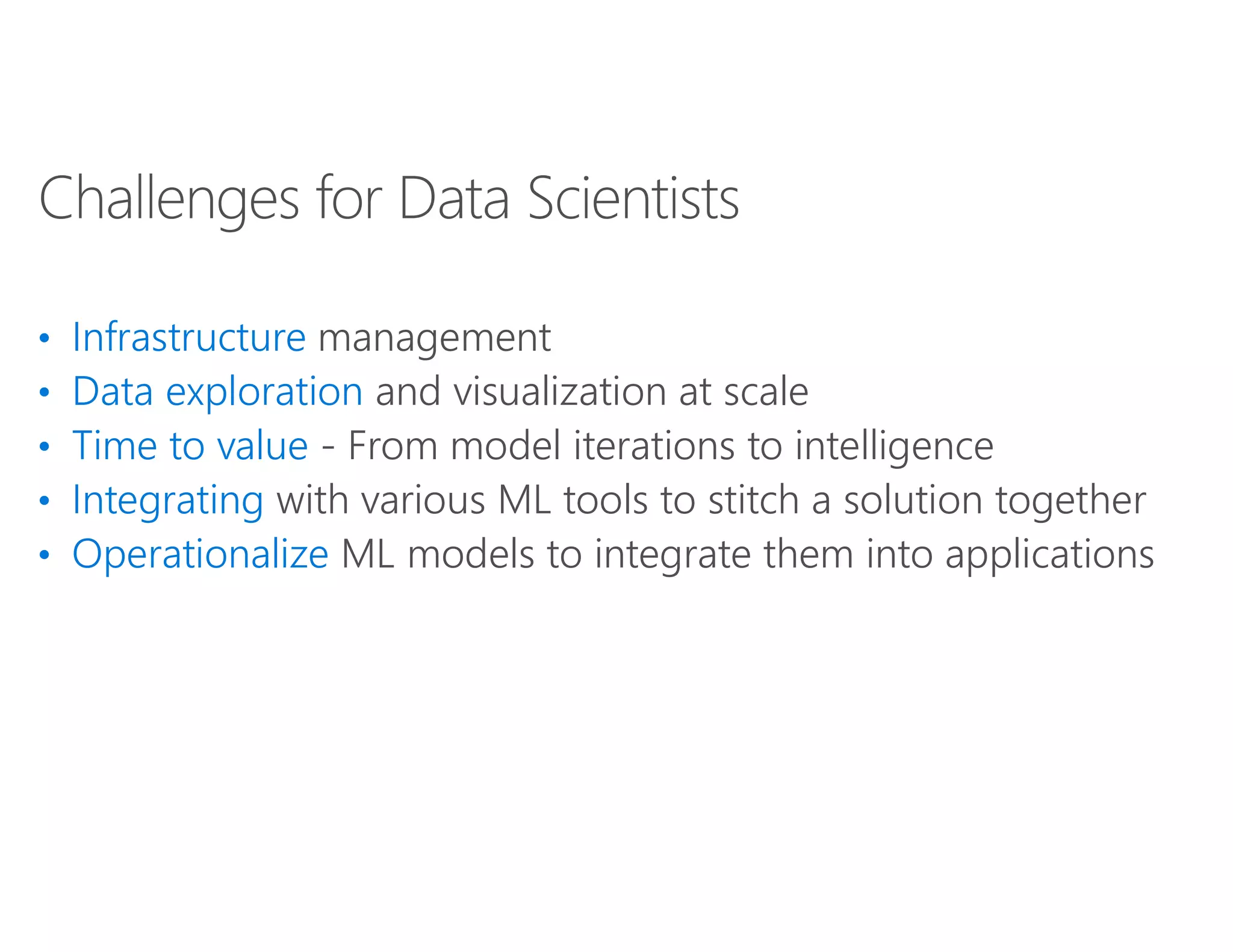 • Infrastructure management
• Data exploration and visualization at scale
• Time to value - From model iterations to intelligence
• Integrating with various ML tools to stitch a solution together
• Operationalize ML models to integrate them into applications
 