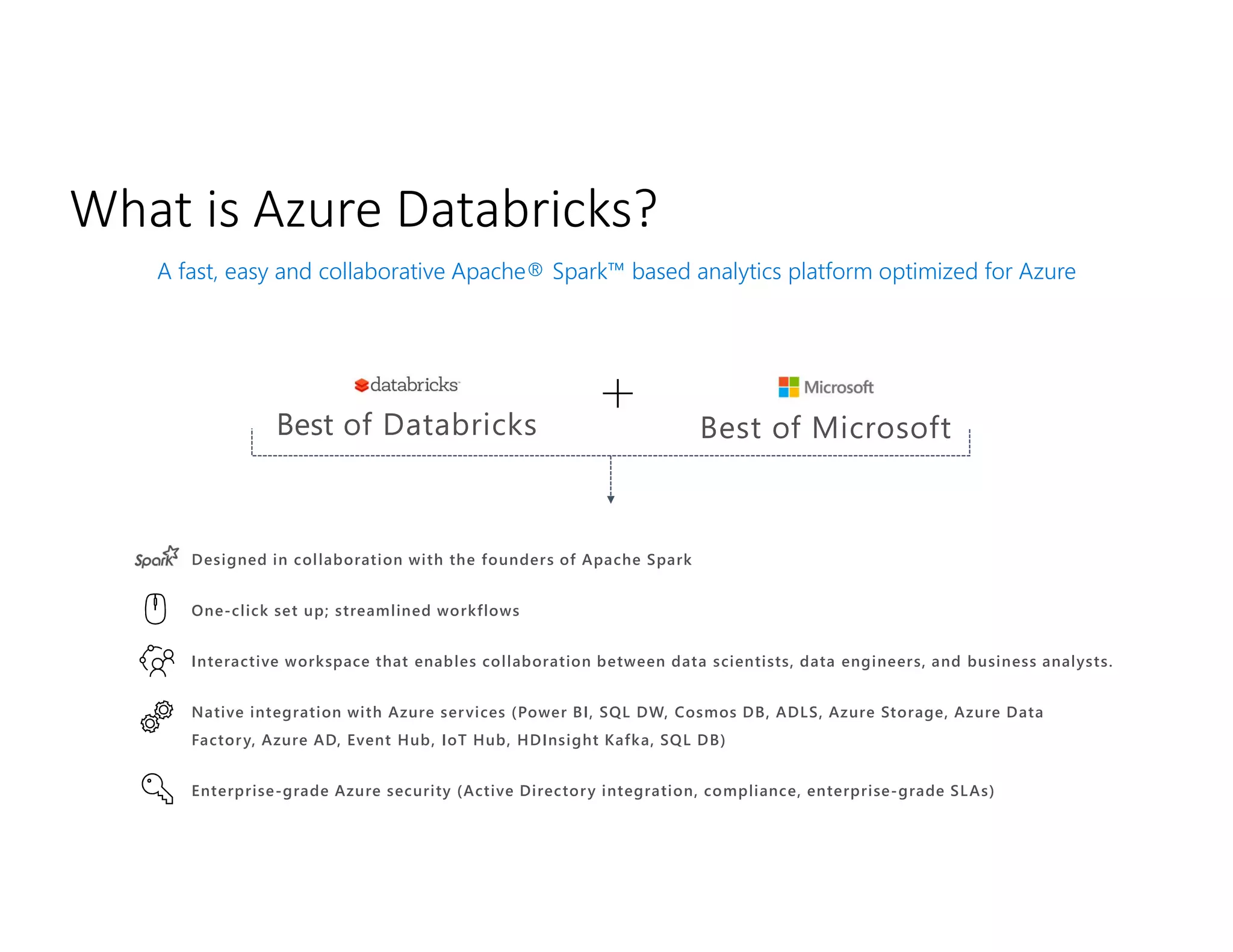 What is Azure Databricks?
A fast, easy and collaborative Apache® Spark™ based analytics platform optimized for Azure
Best of Databricks Best of Microsoft
Designed in collaboration with the founders of Apache Spark
One-click set up; streamlined workflows
Interactive workspace that enables collaboration between data scientists, data engineers, and business analysts.
Native integration with Azure services (Power BI, SQL DW, Cosmos DB, ADLS, Azure Storage, Azure Data
Factory, Azure AD, Event Hub, IoT Hub, HDInsight Kafka, SQL DB)
Enterprise-grade Azure security (Active Directory integration, compliance, enterprise-grade SLAs)
 