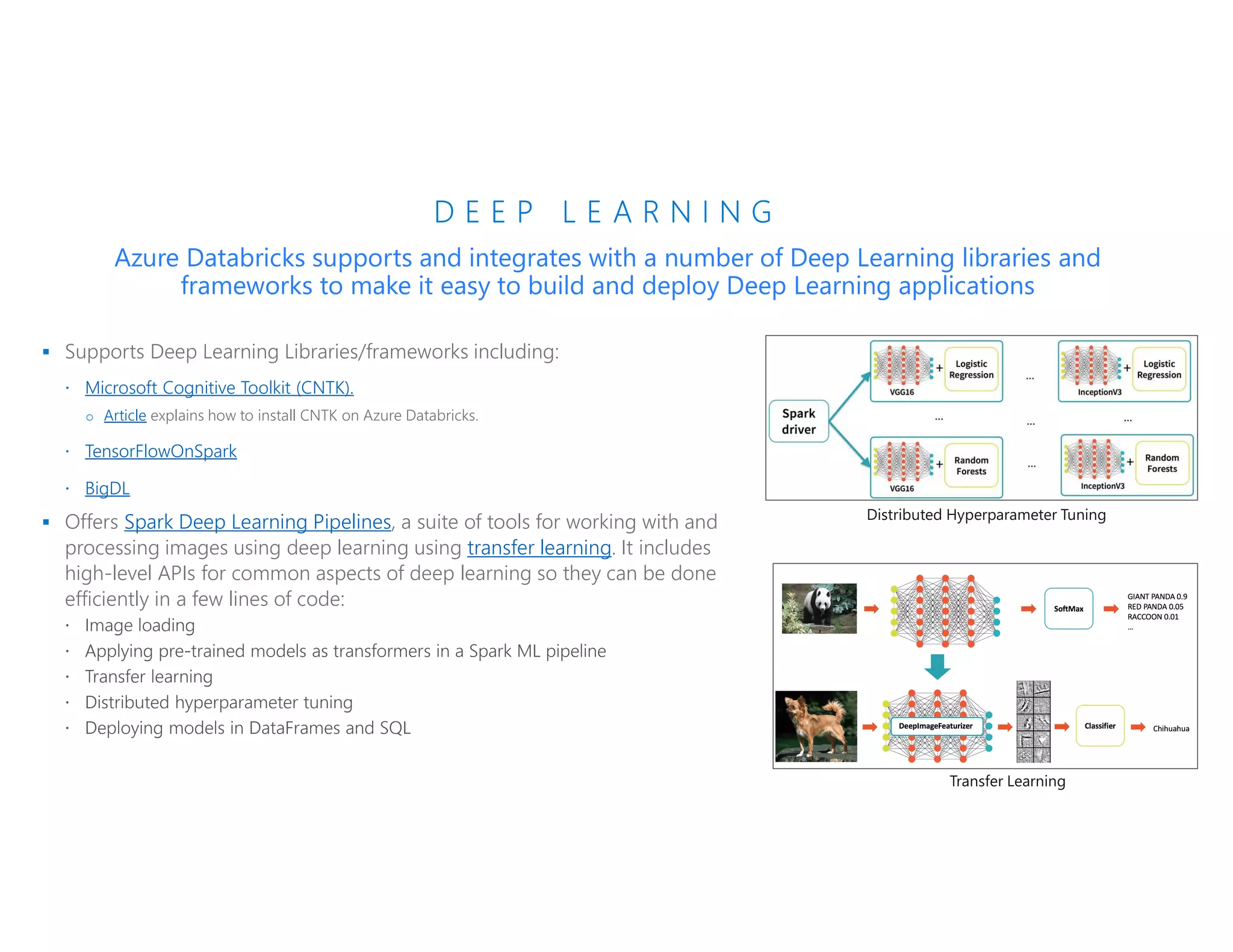D E E P L E A R N I N G
 Supports Deep Learning Libraries/frameworks including:
 Microsoft Cognitive Toolkit (CNTK).
o Article explains how to install CNTK on Azure Databricks.
 TensorFlowOnSpark
 BigDL
 Offers Spark Deep Learning Pipelines, a suite of tools for working with and
processing images using deep learning using transfer learning. It includes
high-level APIs for common aspects of deep learning so they can be done
efficiently in a few lines of code:
Azure Databricks supports and integrates with a number of Deep Learning libraries and
frameworks to make it easy to build and deploy Deep Learning applications
Distributed Hyperparameter Tuning
Transfer Learning
 