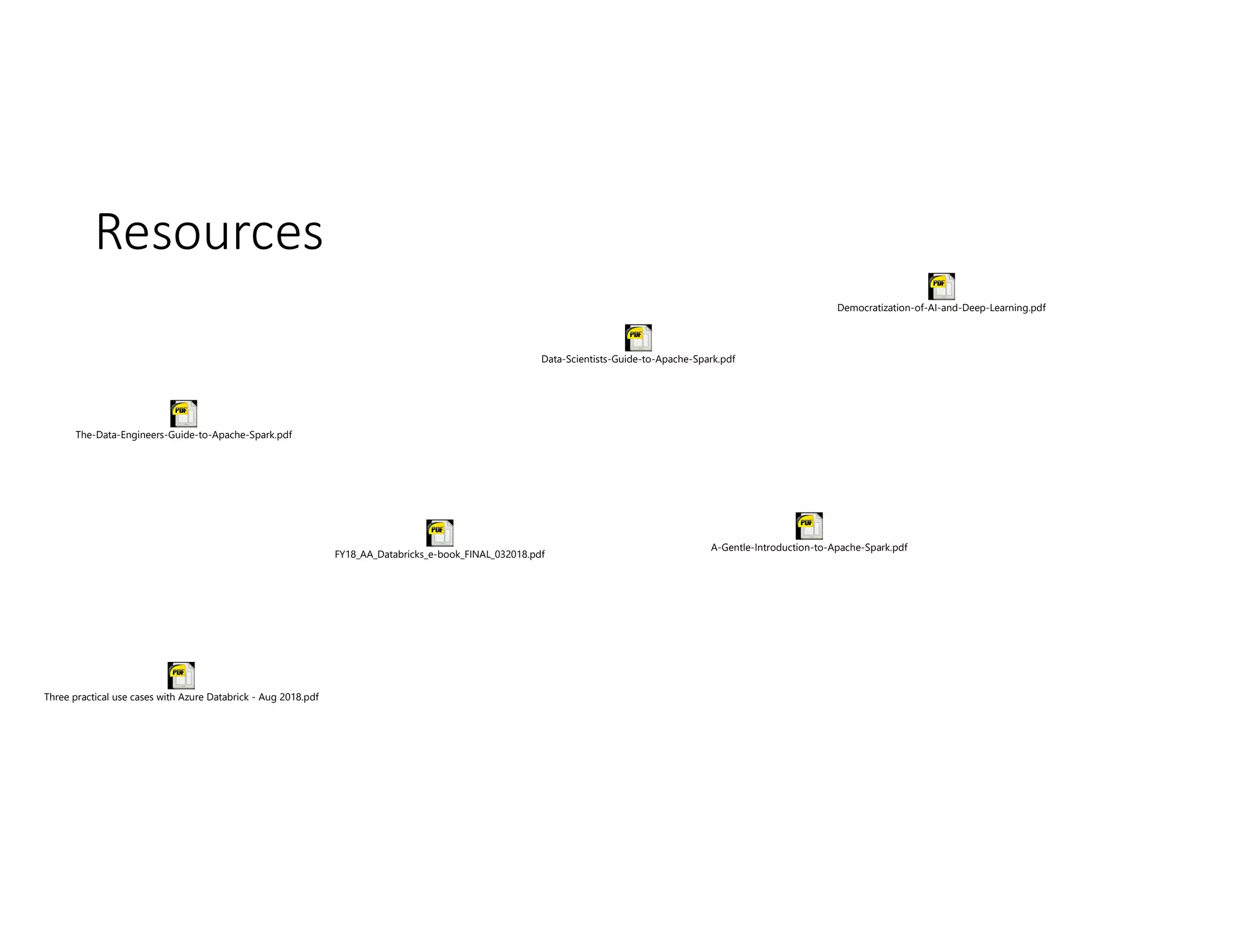 Resources
Three practical use cases with Azure Databrick - Aug 2018.pdf
A-Gentle-Introduction-to-Apache-Spark.pdf
Data-Scientists-Guide-to-Apache-Spark.pdf
Democratization-of-AI-and-Deep-Learning.pdf
FY18_AA_Databricks_e-book_FINAL_032018.pdf
The-Data-Engineers-Guide-to-Apache-Spark.pdf
 