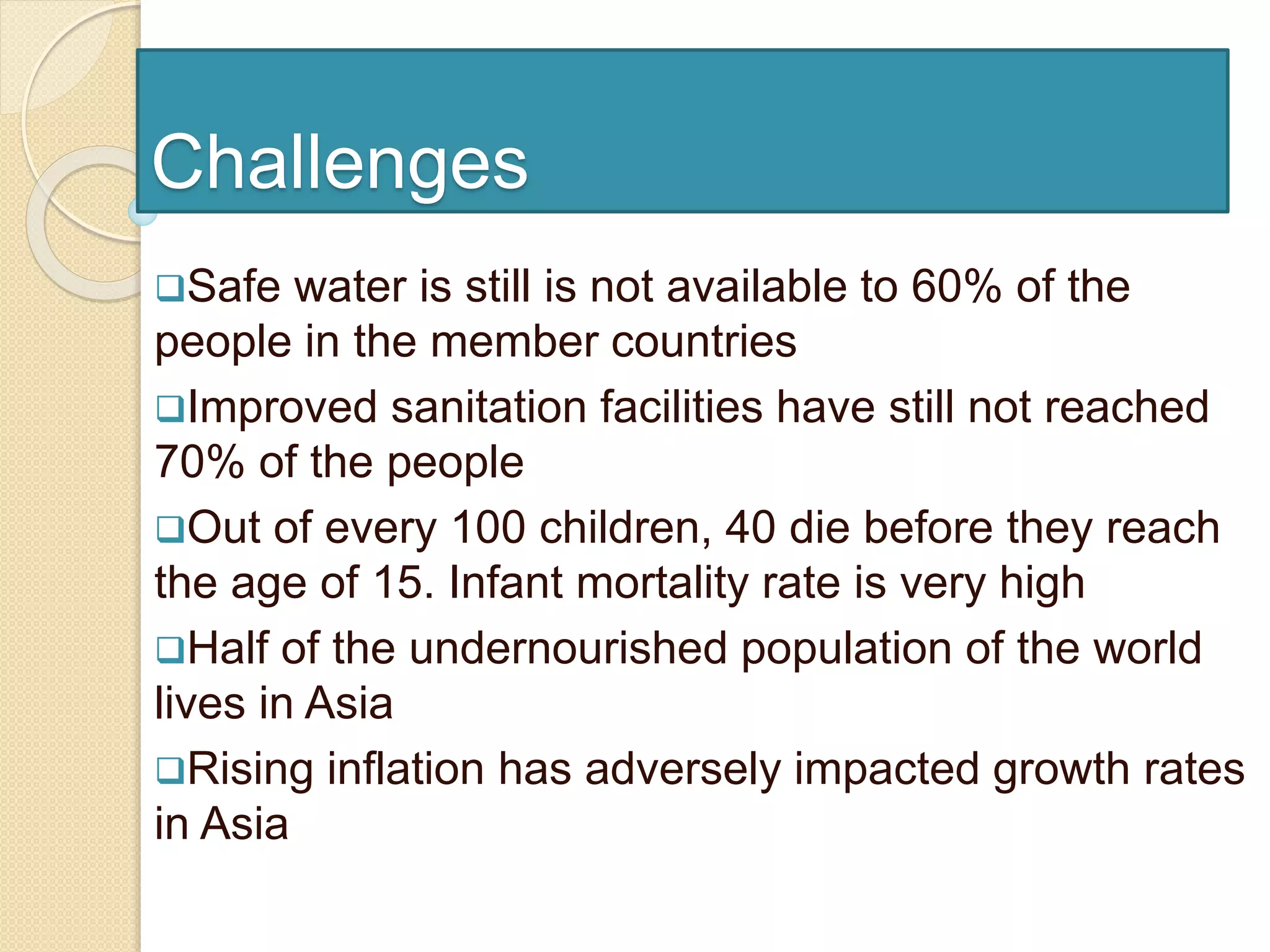 Challenges
Safe water is still is not available to 60% of the
people in the member countries
Improved sanitation facilities have still not reached
70% of the people
Out of every 100 children, 40 die before they reach
the age of 15. Infant mortality rate is very high
Half of the undernourished population of the world
lives in Asia
Rising inflation has adversely impacted growth rates
in Asia
 