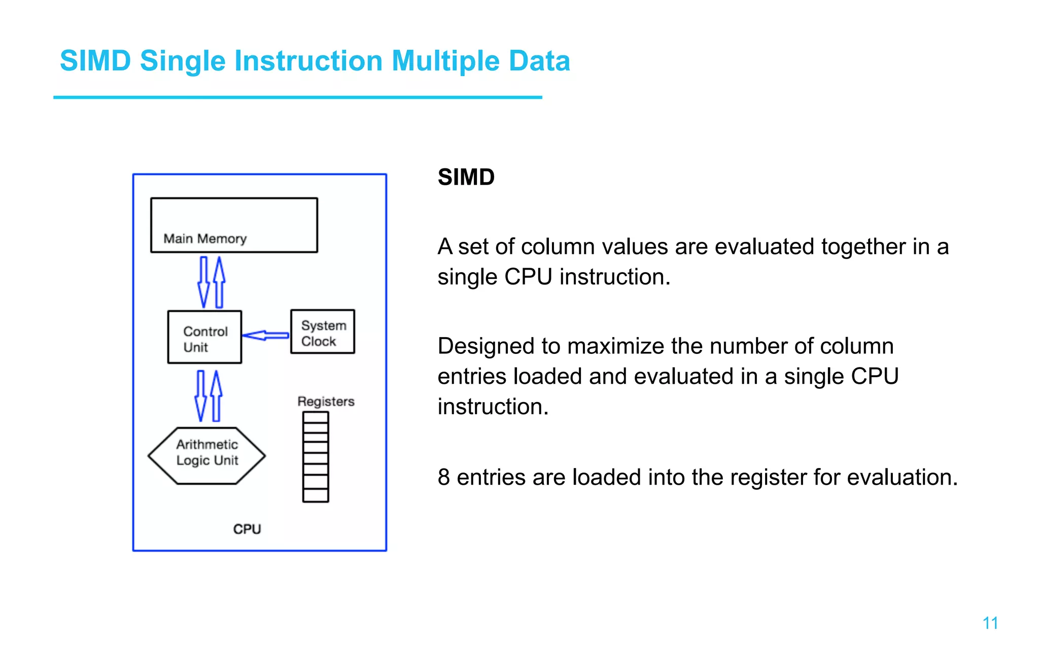 11 SIMD Single Instruction Multiple Data SIMD A set of column values are evaluated together in a single CPU instruction. Designed to maximize the number of column entries loaded and evaluated in a single CPU instruction. 8 entries are loaded into the register for evaluation. 