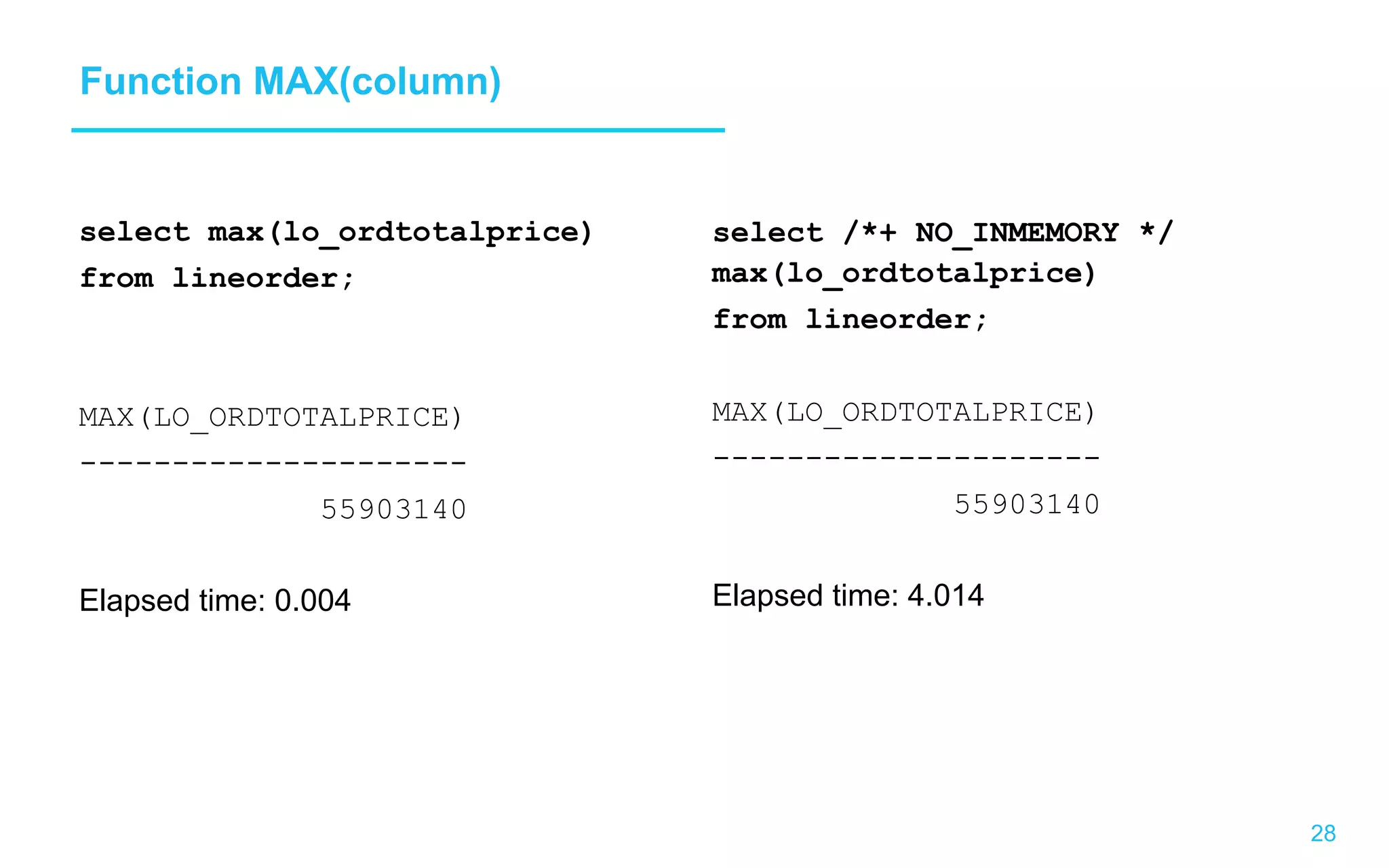 28 Function MAX(column) select max(lo_ordtotalprice) from lineorder; MAX(LO_ORDTOTALPRICE) --------------------- 55903140 Elapsed time: 0.004 select /*+ NO_INMEMORY */ max(lo_ordtotalprice) from lineorder; MAX(LO_ORDTOTALPRICE) --------------------- 55903140 Elapsed time: 4.014 