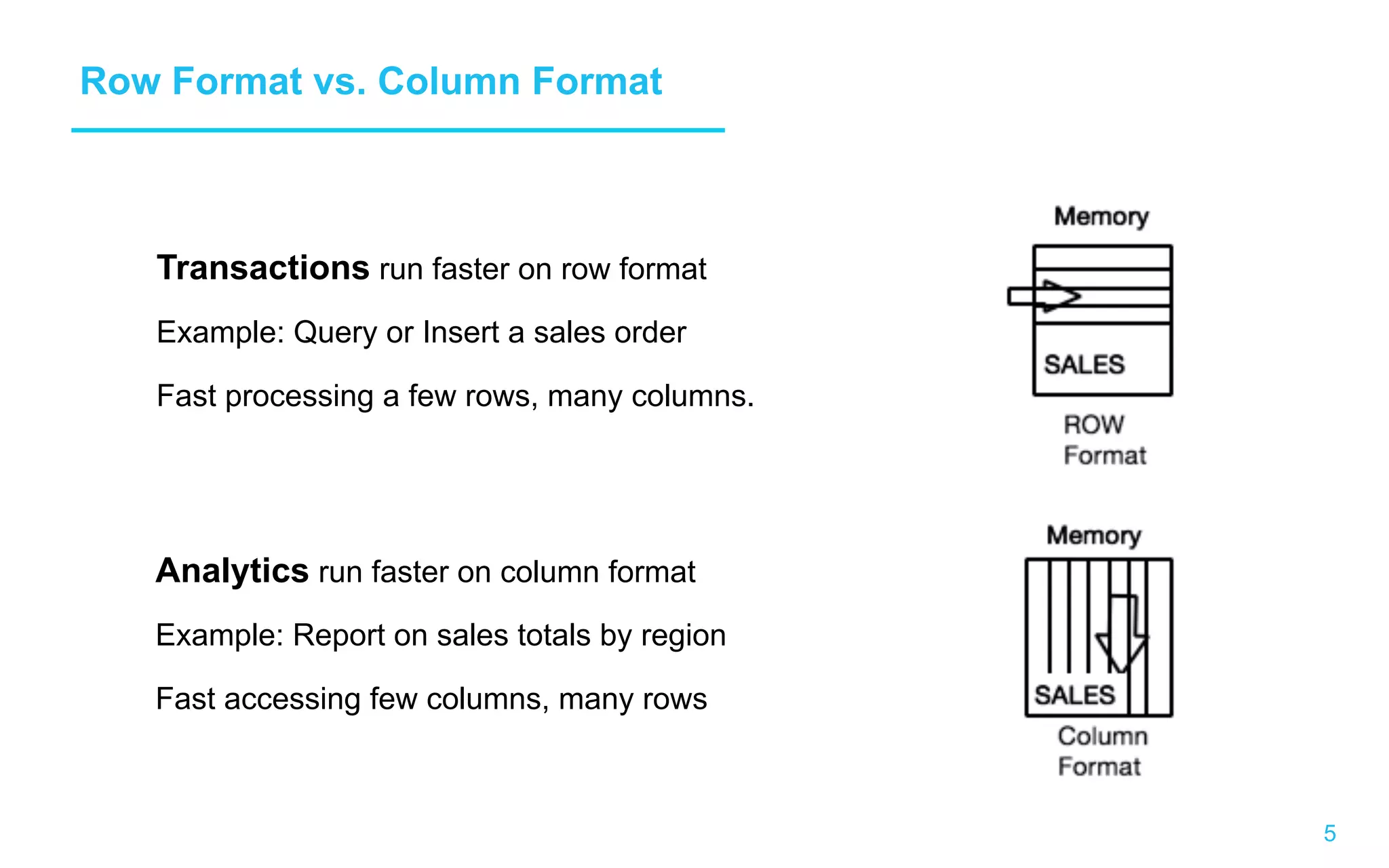 5 Row Format vs. Column Format Transactions run faster on row format Example: Query or Insert a sales order Fast processing a few rows, many columns. Analytics run faster on column format Example: Report on sales totals by region Fast accessing few columns, many rows 