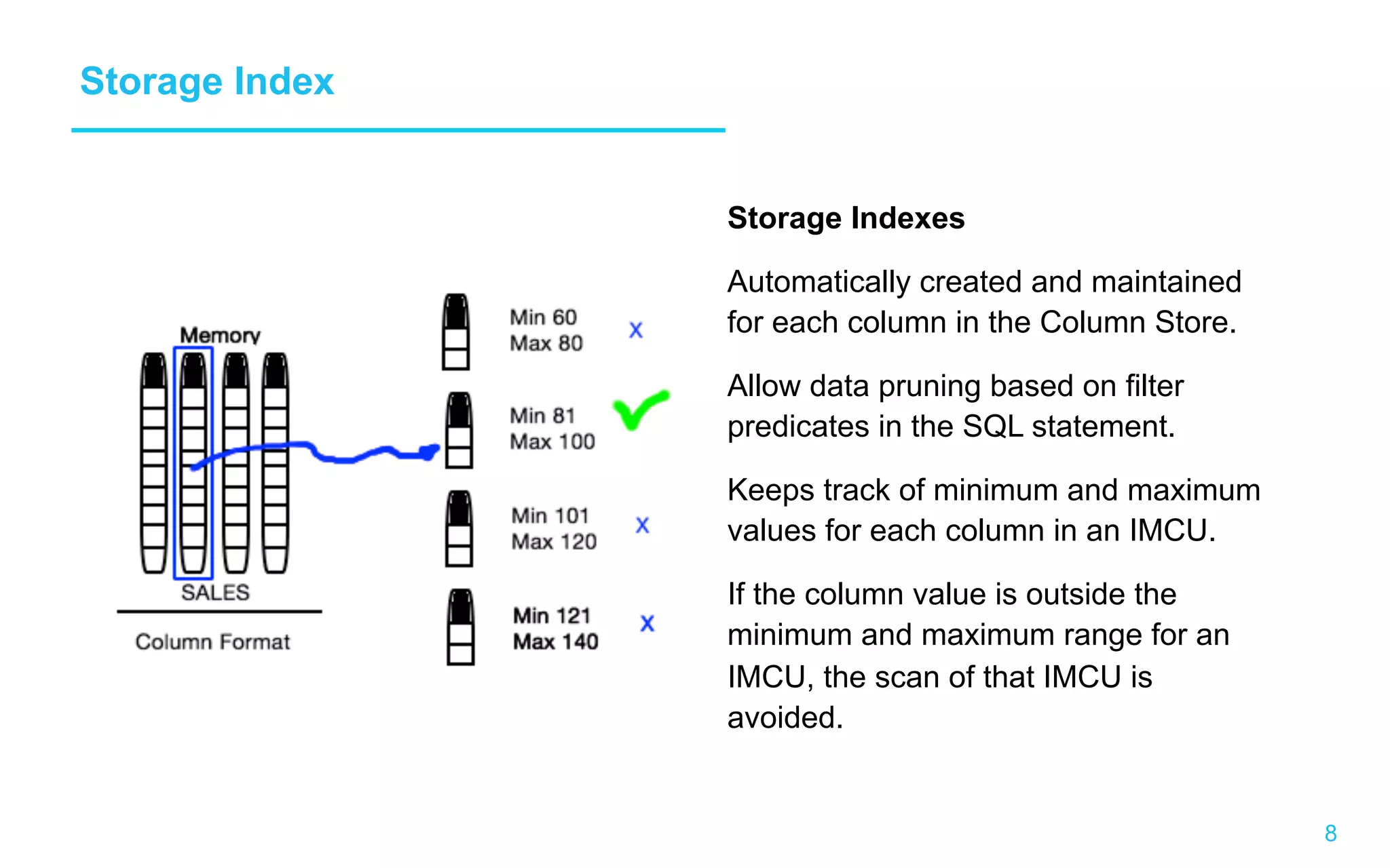8 Storage Index Storage Indexes Automatically created and maintained for each column in the Column Store. Allow data pruning based on filter predicates in the SQL statement. Keeps track of minimum and maximum values for each column in an IMCU. If the column value is outside the minimum and maximum range for an IMCU, the scan of that IMCU is avoided. 