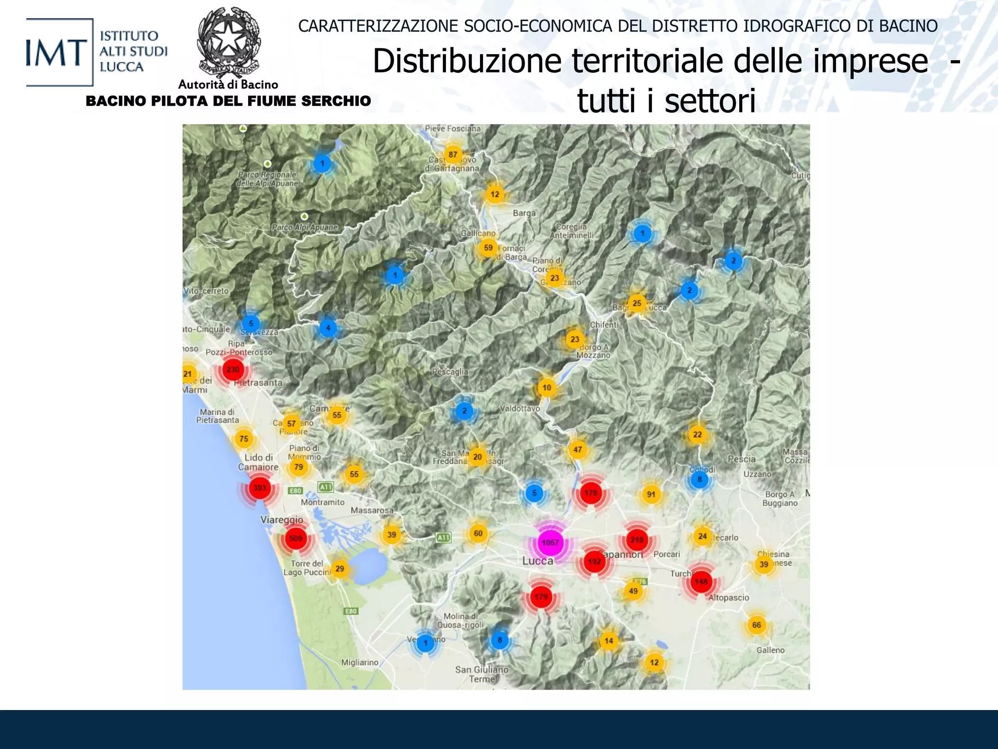 Distribuzione territoriale delle imprese -
tutti i settori
CARATTERIZZAZIONE SOCIO-ECONOMICA DEL DISTRETTO IDROGRAFICO DI BACINO
Autorità di Bacino
BACINO PILOTA DEL FIUME SERCHIO
 