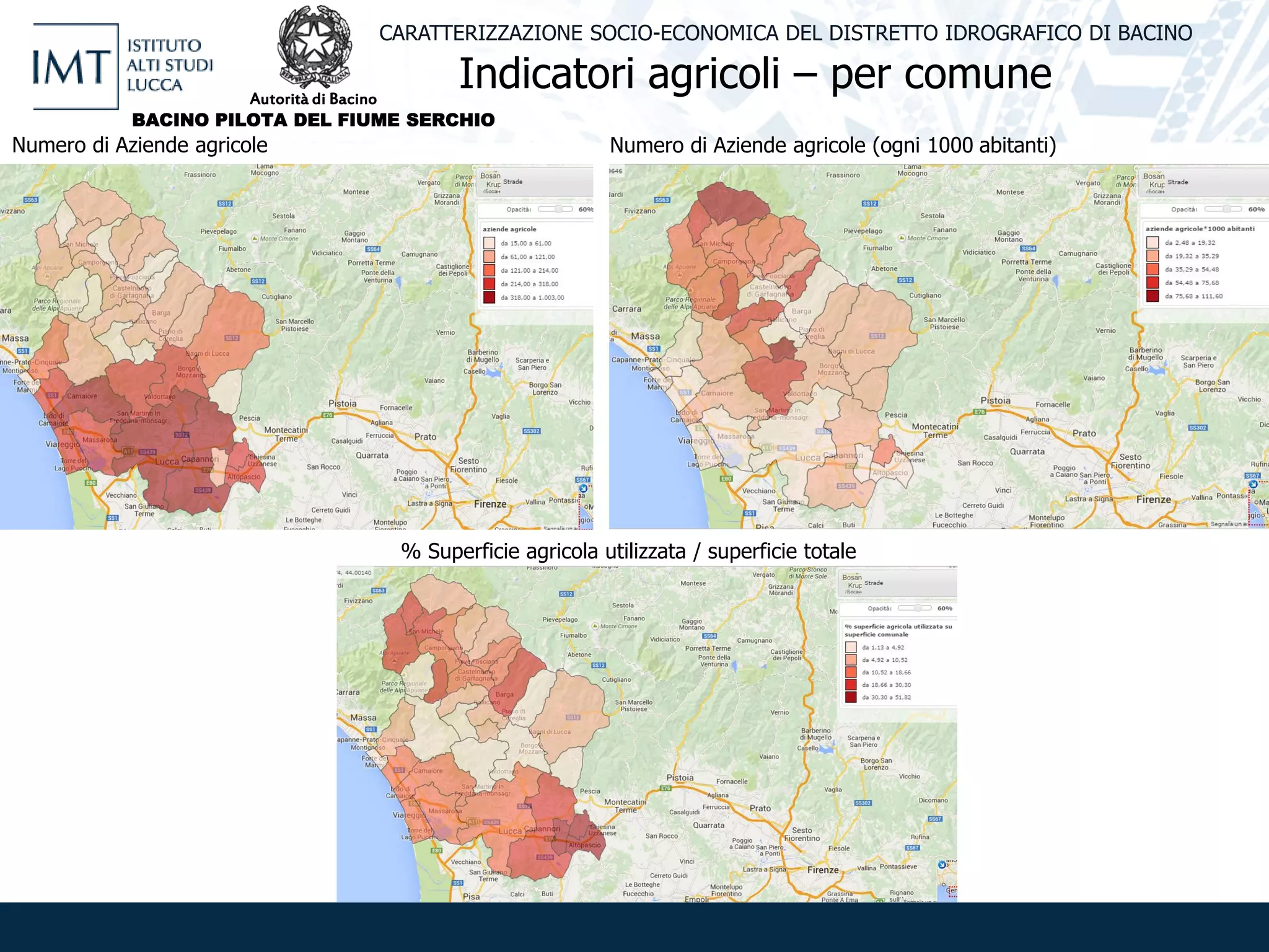 Indicatori agricoli – per comune
CARATTERIZZAZIONE SOCIO-ECONOMICA DEL DISTRETTO IDROGRAFICO DI BACINO
Numero di Aziende agricole Numero di Aziende agricole (ogni 1000 abitanti)
% Superficie agricola utilizzata / superficie totale
Autorità di Bacino
BACINO PILOTA DEL FIUME SERCHIO
 