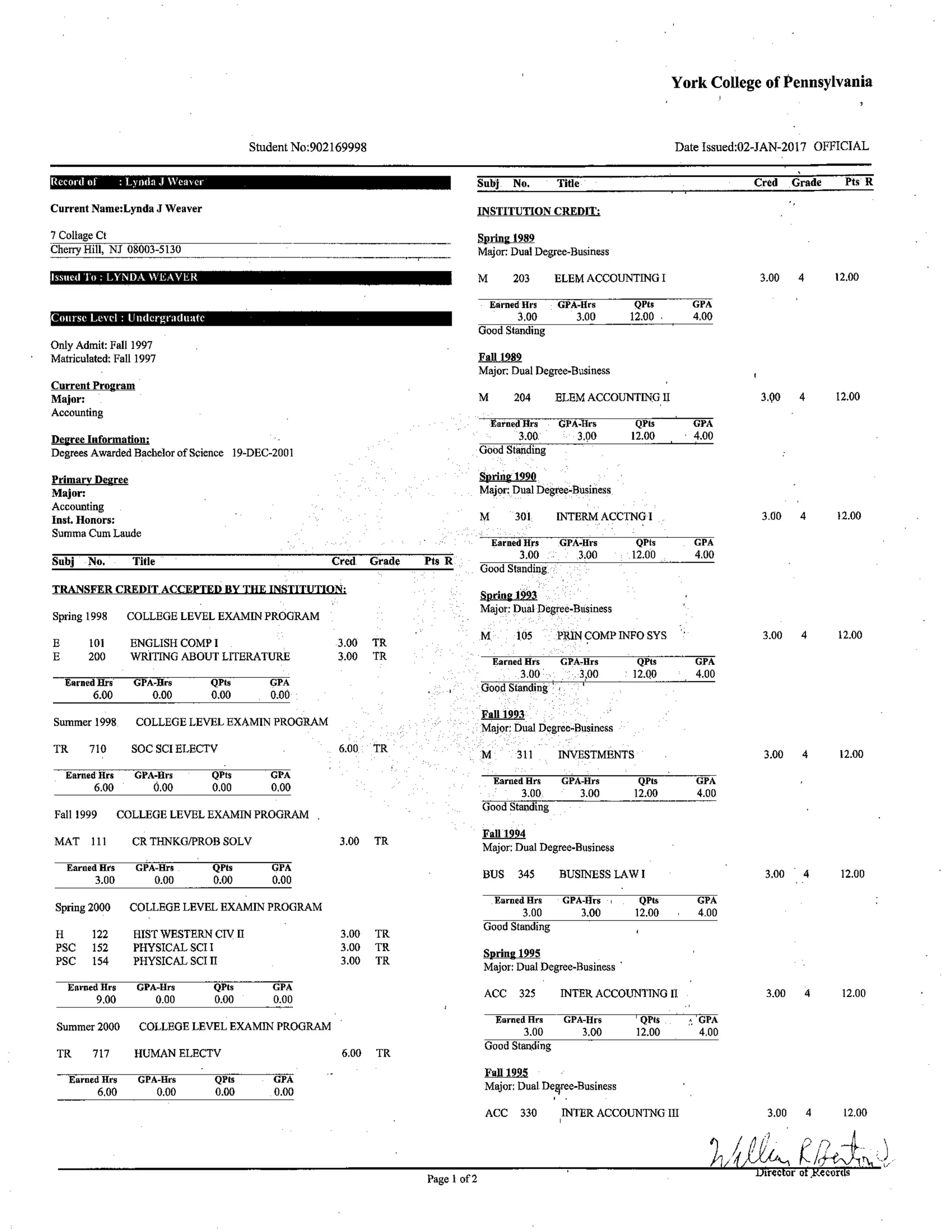 Towson Transcript LJW College Transcripts A | PDF