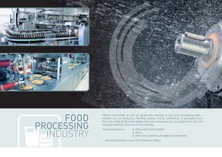 FOOD
PROCESSING
INDUSTRY
Perfect functionality as well as residue-free cleaning of your food processing plant –
whether you are producing, handling, dosing, cutting, positioning, or packaging food.
The units of the HLAE series reliably drive your processes and are designed for fast and
thorough cleaning at the end of your workday.
Typical applications: Filling plant/dosing feeder
Slicer
Belt drives satisfying all hygienic requirements
… and all applications using CIP (Cleaning in Place).
FOOD
PROCESSING
INDUSTRY
 