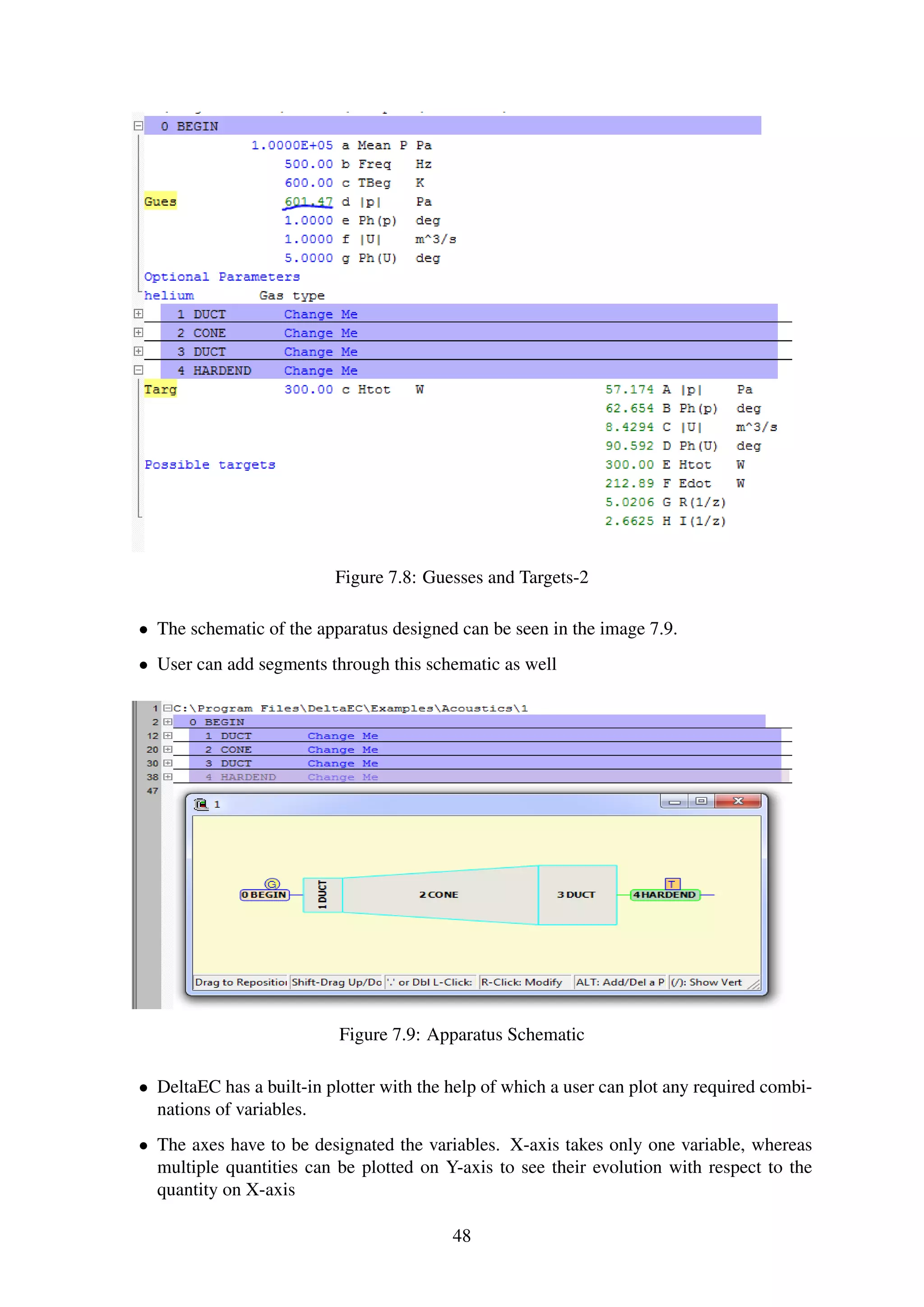 Figure 7.8: Guesses and Targets-2
• The schematic of the apparatus designed can be seen in the image 7.9.
• User can add segments through this schematic as well
Figure 7.9: Apparatus Schematic
• DeltaEC has a built-in plotter with the help of which a user can plot any required combi-
nations of variables.
• The axes have to be designated the variables. X-axis takes only one variable, whereas
multiple quantities can be plotted on Y-axis to see their evolution with respect to the
quantity on X-axis
48
 