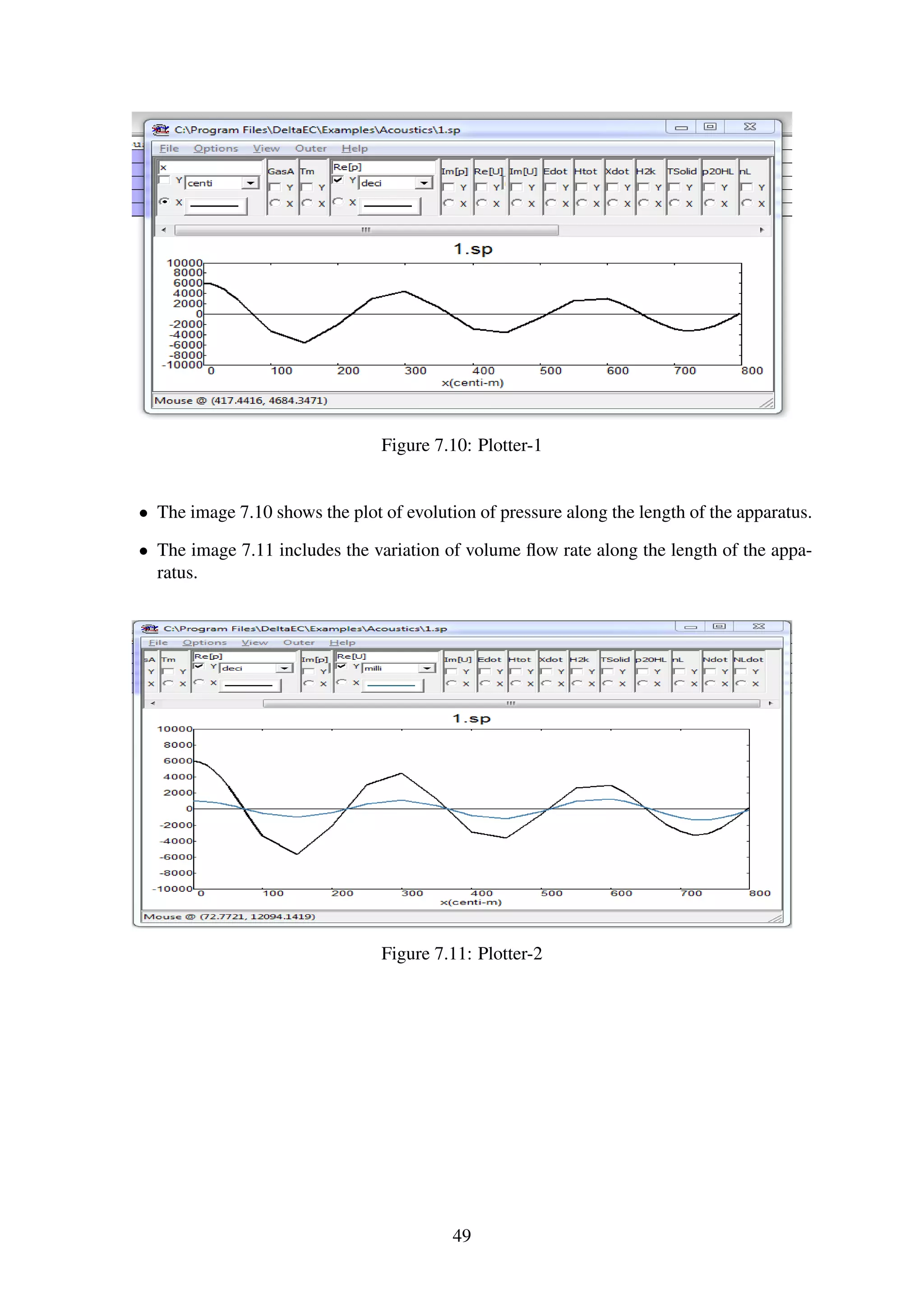 Figure 7.10: Plotter-1
• The image 7.10 shows the plot of evolution of pressure along the length of the apparatus.
• The image 7.11 includes the variation of volume ﬂow rate along the length of the appa-
ratus.
Figure 7.11: Plotter-2
49
 