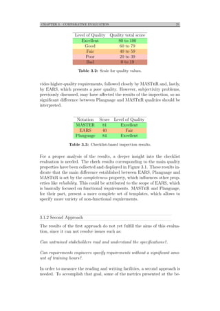 CHAPTER 3. COMPARATIVE EVALUATION 25
Level of Quality Quality total score
Excellent 80 to 100
Good 60 to 79
Fair 40 to 59
Poor 20 to 39
Bad 0 to 19
Table 3.2: Scale for quality values.
vides higher-quality requirements, followed closely by MASTeR and, lastly,
by EARS, which presents a poor quality. However, subjectivity problems,
previously discussed, may have aﬀected the results of the inspection, so no
signiﬁcant diﬀerence between Planguage and MASTeR qualities should be
interpreted.
Notation Score Level of Quality
MASTER 81 Excellent
EARS 40 Fair
Planguage 84 Excellent
Table 3.3: Checklist-based inspection results.
For a proper analysis of the results, a deeper insight into the checklist
evaluation is needed. The check results corresponding to the main quality
properties have been collected and displayed in Figure 3.1. These results in-
dicate that the main diﬀerence established between EARS, Planguage and
MASTeR is set by the completeness property, which inﬂuences other prop-
erties like reliability. This could be attributed to the scope of EARS, which
is basically focused on functional requirements. MASTeR and Planguage,
for their part, present a more complete set of templates, which allows to
specify more variety of non-functional requirements.
3.1.2 Second Approach
The results of the ﬁrst approach do not yet fulﬁll the aims of this evalua-
tion, since it can not resolve issues such as:
Can untrained stakeholders read and understand the speciﬁcations?.
Can requirements engineers specify requirements without a signiﬁcant amo-
unt of training hours?.
In order to measure the reading and writing facilities, a second approach is
needed. To accomplish that goal, some of the metrics presented at the be-
 