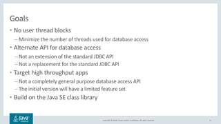 Copyright © 2018, Oracle and/or its affiliates. All rights reserved.
Goals
• No user thread blocks
– Minimize the number of threads used for database access
• Alternate API for database access
– Not an extension of the standard JDBC API
– Not a replacement for the standard JDBC API
• Target high throughput apps
– Not a completely general purpose database access API
– The initial version will have a limited feature set
• Build on the Java SE class library
11
 
