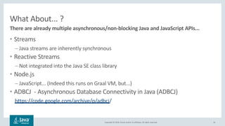 Copyright © 2018, Oracle and/or its affiliates. All rights reserved.
What About... ?
• Streams
– Java streams are inherently synchronous
• Reactive Streams
– Not integrated into the Java SE class library
• Node.js
– JavaScript... (Indeed this runs on Graal VM, but...)
• ADBCJ - Asynchronous Database Connectivity in Java (ADBCJ)
https://code.google.com/archive/p/adbcj/
16
There are already multiple asynchronous/non-blocking Java and JavaScript APIs...
 