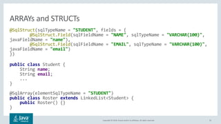 Copyright © 2018, Oracle and/or its affiliates. All rights reserved. 42
@SqlStruct(sqlTypeName = "STUDENT", fields = {
@SqlStruct.Field(sqlFieldName = "NAME", sqlTypeName = "VARCHAR(100)",
javaFieldName = "name"),
@SqlStruct.Field(sqlFieldName = "EMAIL", sqlTypeName = "VARCHAR(100)",
javaFieldName = "email")
})
public class Student {
String name;
String email;
...
}
@SqlArray(elementSqlTypeName = "STUDENT")
public class Roster extends LinkedList<Student> {
public Roster() {}
}
ARRAYs and STRUCTs
 