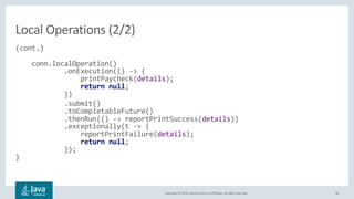 Copyright © 2018, Oracle and/or its affiliates. All rights reserved. 46
(cont.)
conn.localOperation()
.onExecution(() -> {
printPaycheck(details);
return null;
})
.submit()
.toCompletableFuture()
.thenRun(() -> reportPrintSuccess(details))
.exceptionally(t -> {
reportPrintFailure(details);
return null;
});
}
Local Operations (2/2)
 