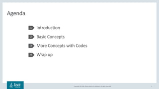 Copyright © 2018, Oracle and/or its affiliates. All rights reserved.
Agenda
Introduction
Basic Concepts
More Concepts with Codes
Wrap up
1
2
3
4
5
 